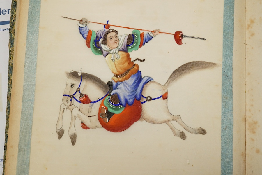 Chinese school, 19th century, an album of ten pith paintings of warriors on horseback